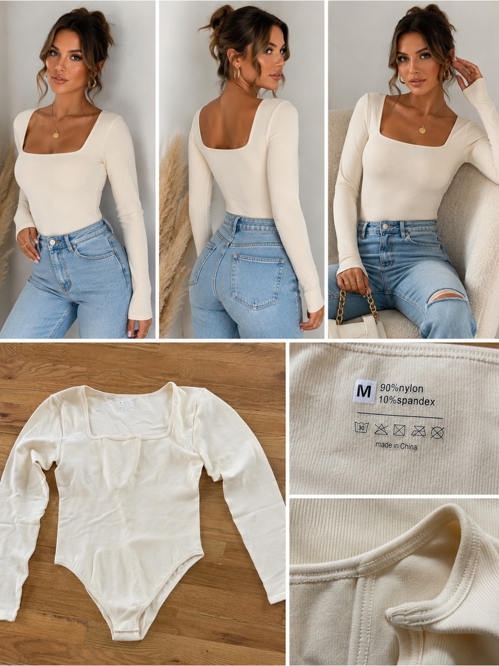 Cream Ribbed Square Neck Long Sleeve Bodysuit Size M Stretchy Minimalist Top